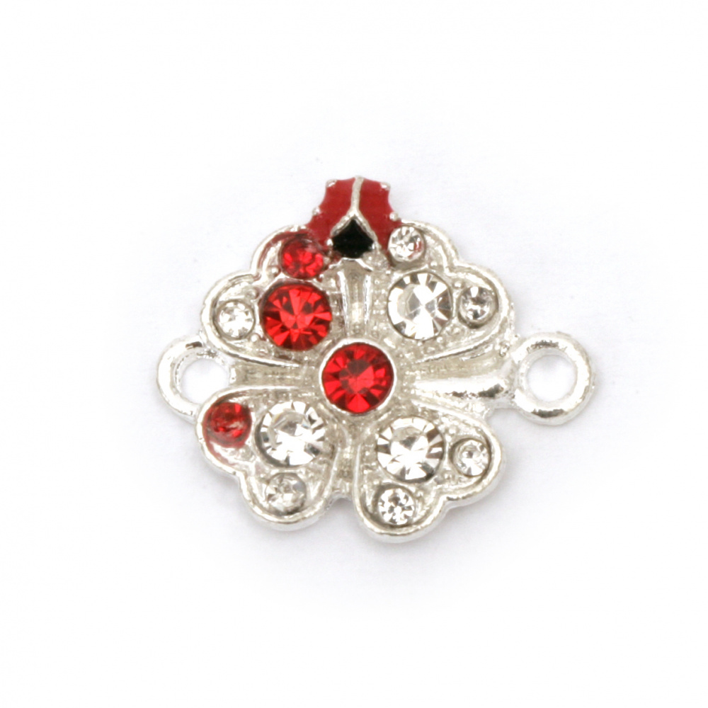 Metal Connecting Element with Crystals / Clover with Ladybug, 20x16x3 mm, Hole: 2 mm, Silver - 2 pieces