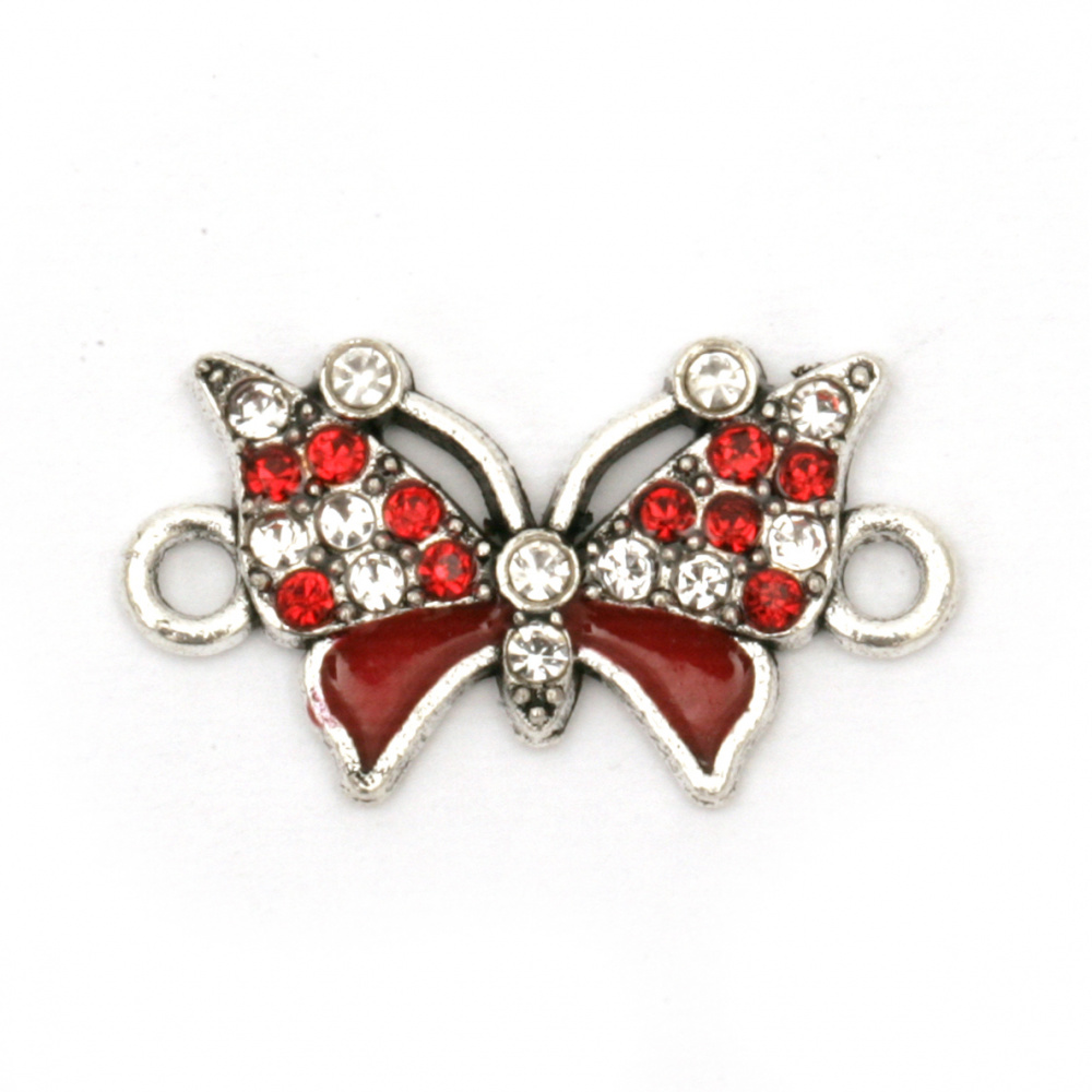 Свързващ елемент метал с кристали пеперуда бяло и червено 21x12x2 мм дупка 2 мм цвят сребро -2 броя