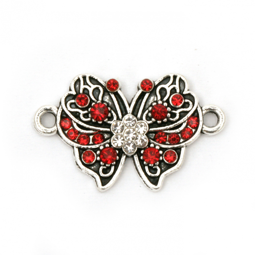 Свързващ елемент метал с червени кристали пеперуда 25x15x3 мм дупка 2 мм цвят сребро -2 броя
