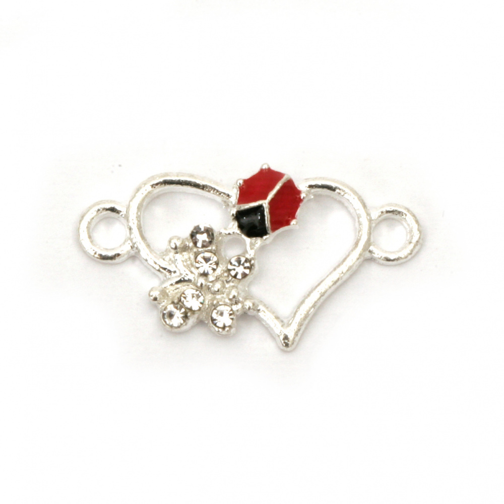 Metal Link Element / Heart with Ladybug, 23x12x2 mm, Hole: 2 mm, Silver - 2 pieces