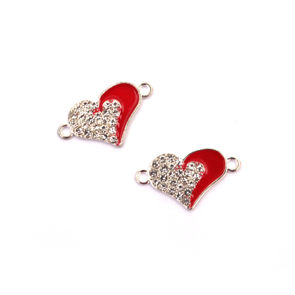 Colored Metal Link Charm with Crystals / Heart, 25x15x3 mm, Hole: 2 mm, Silver - 2 pieces