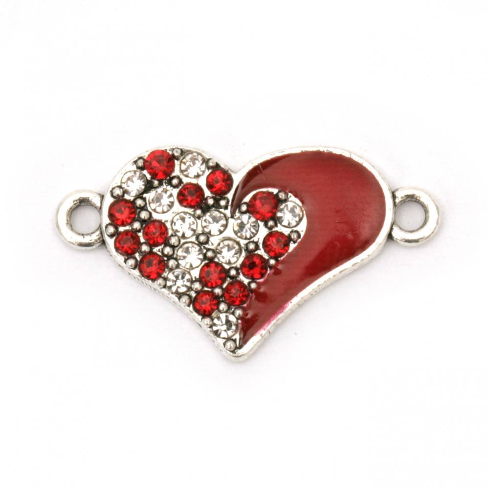 Свързващ елемент метал с кристали сърце червено 25x14x2 мм дупка 2 мм цвят сребро -2 броя