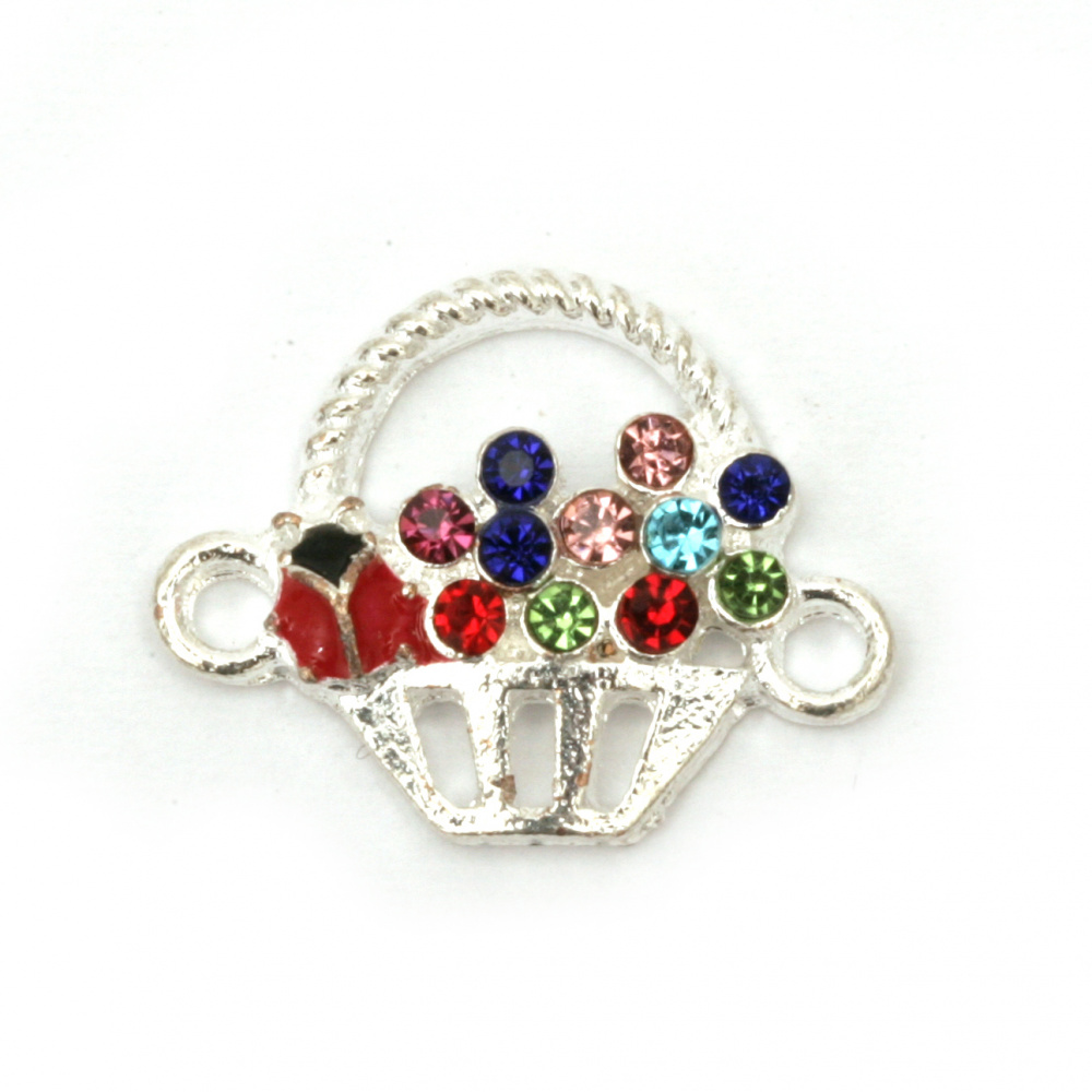 Metal Link Charm with Colored Crystals / Basket with Ladybug 20x16x4 mm, Hole: 2 mm, Silver - 2 pieces