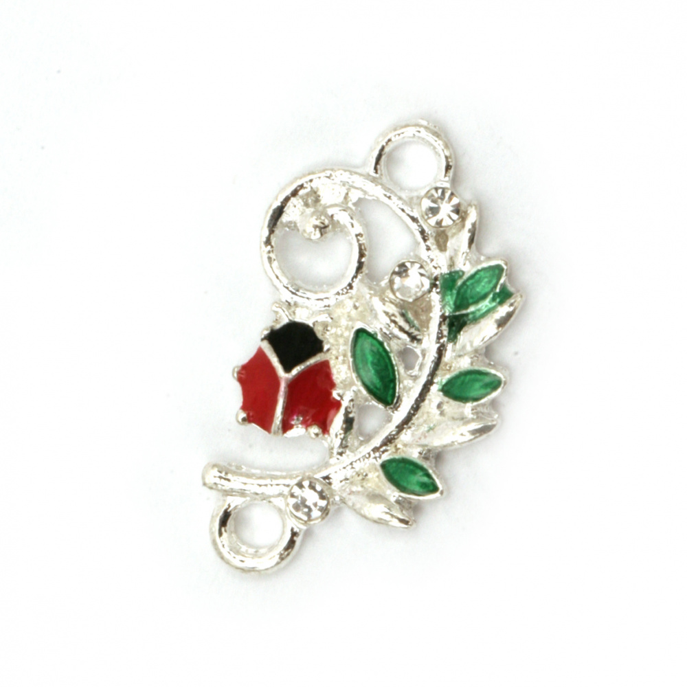 Metal Connector Charm with Crystals / Branch with Ladybug, 22x13x3 mm, Hole: 2 mm, Silver - 2 pieces