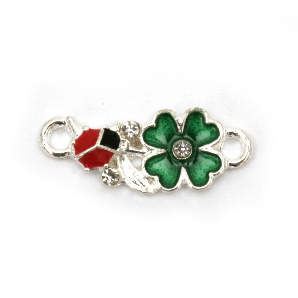 Metal Painted Link Charm with Crystals / Clover with Ladybug, 22x9x4 mm, Hole: 2 mm, Silver - 2 pieces
