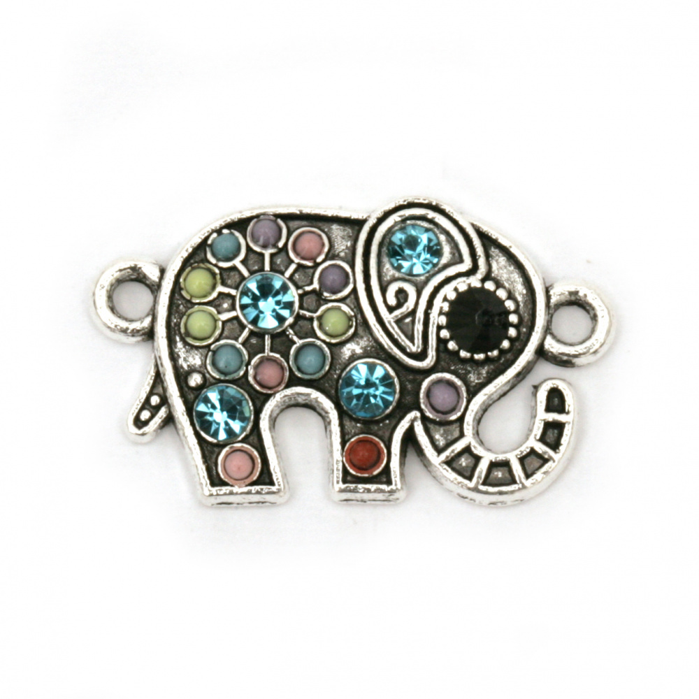 Metal Elephant with Colored Crystals, Link Charm for DIY Jewelry Design, 22x13x3 mm, Hole: 2 mm, Silver - 2 pieces