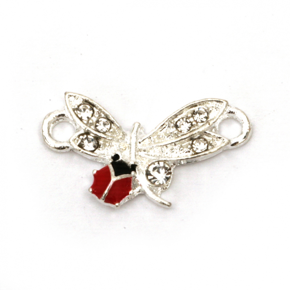 Metal Connector with Rhinestones / Dragonfly with Ladybug, 20x11x3 mm, Hole: 2 mm, Silver - 2 pieces