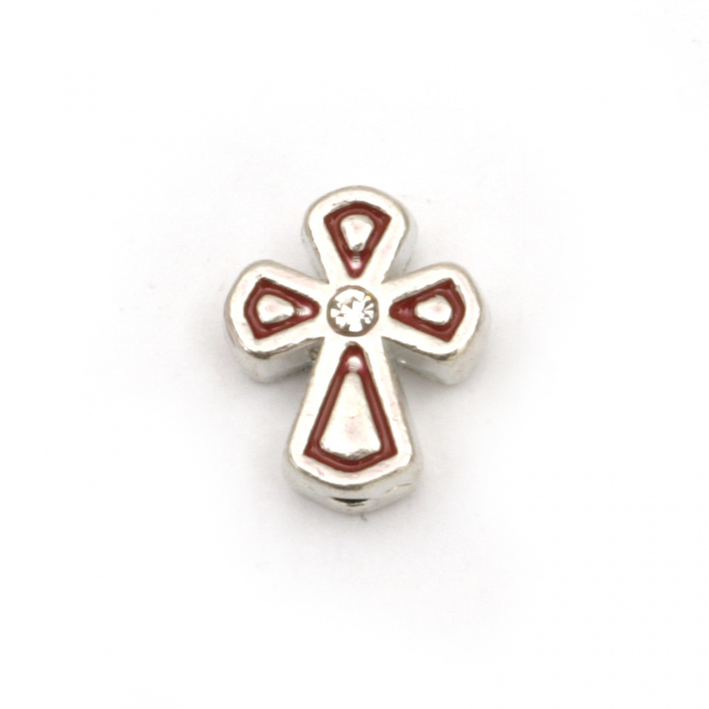 Metal bead with crystals cross red 11x9x5 mm hole 1.5 mm color silver -5 pieces