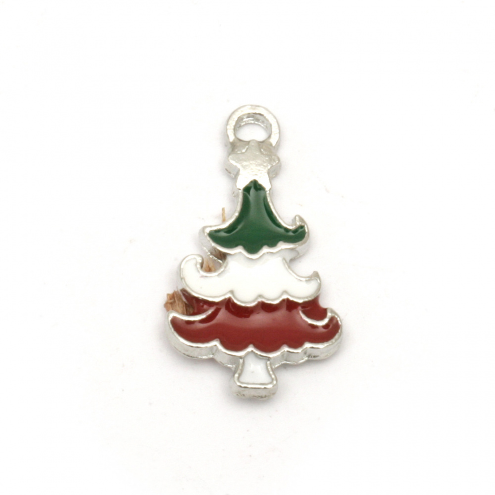 Pendant metal Christmas Tree white, green, red 20x11x1.5 mm hole 2 mm color silver - 5 pieces