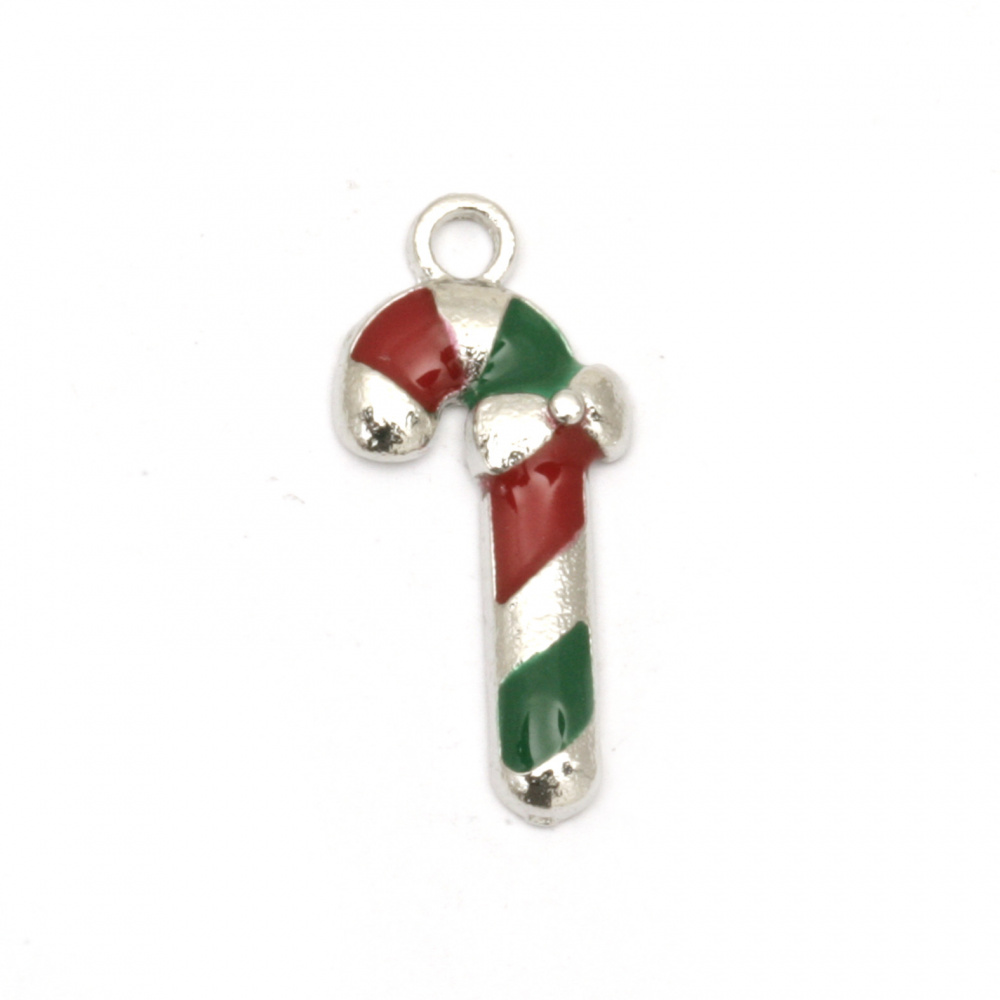Metal pendant Christmas stick green and red 22x10x3 mm hole 2 mm color silver - 5 pieces