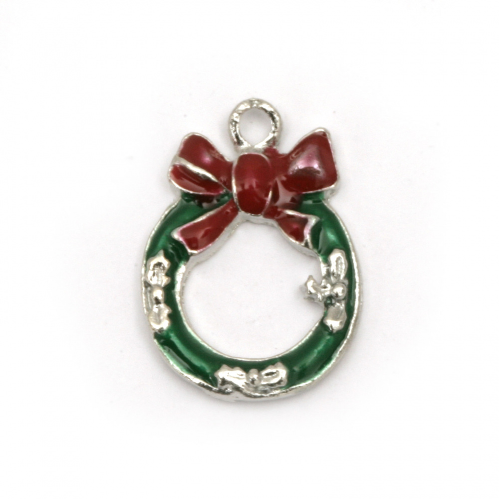 Pendant metal Christmas wreath green and red 18x13x2.5 mm hole 2 mm color silver - 5 pieces