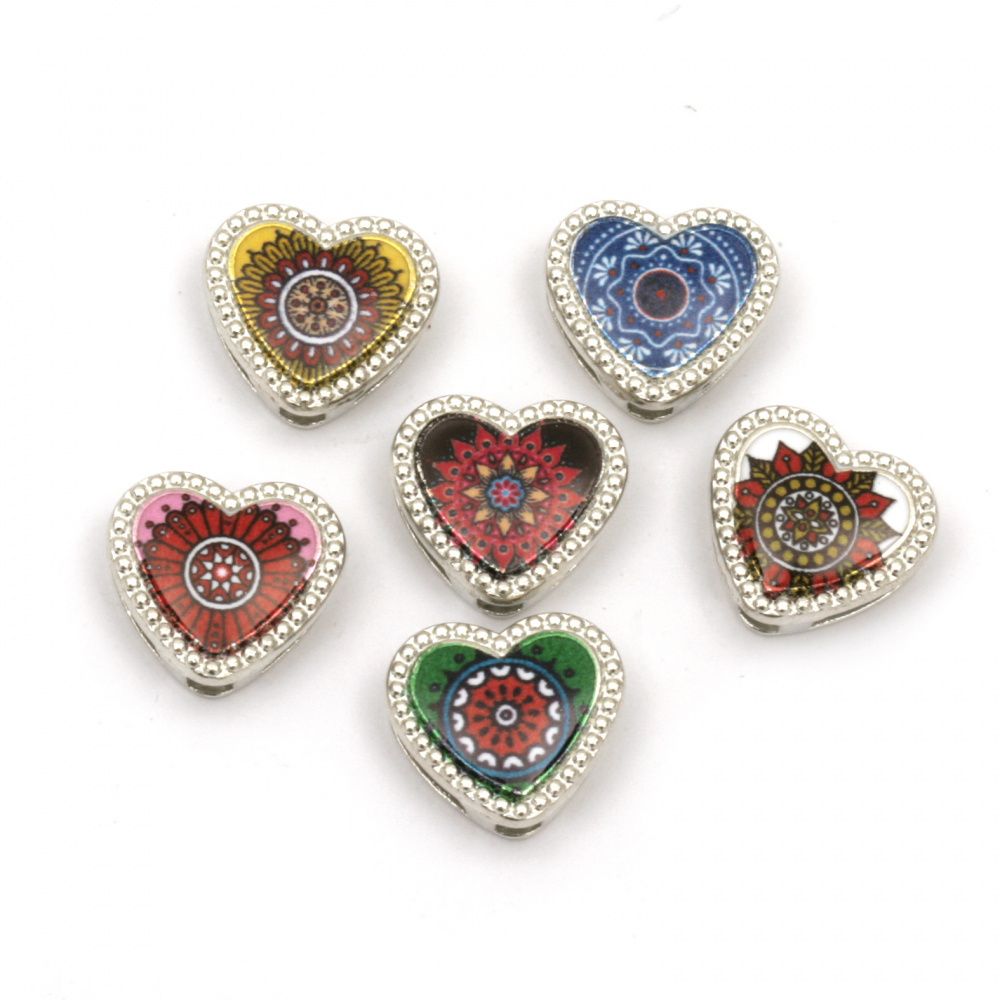 Metal bead color  heart 12x12x5 mm holes 3 and 9 mm color silver -6 pieces