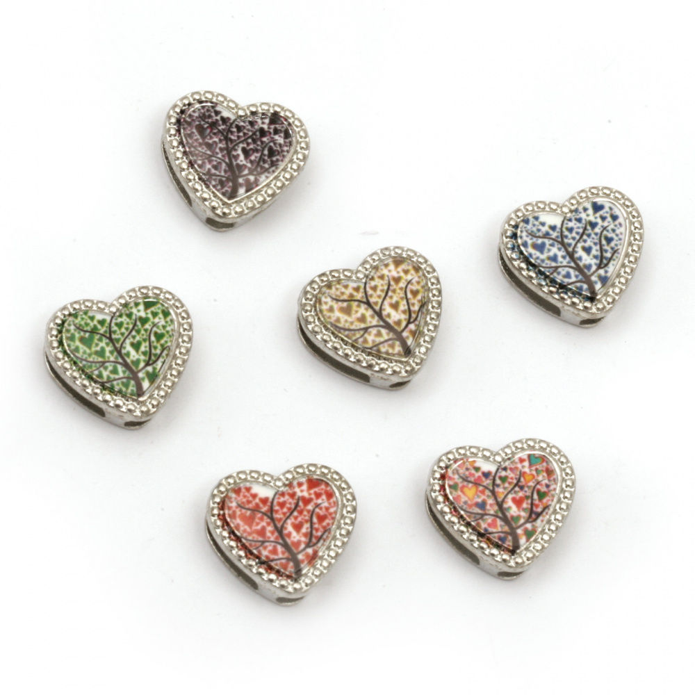 Metal bead  heart with wood color 13x12x5 mm holes 3 and 9 mm color silver -6 pieces