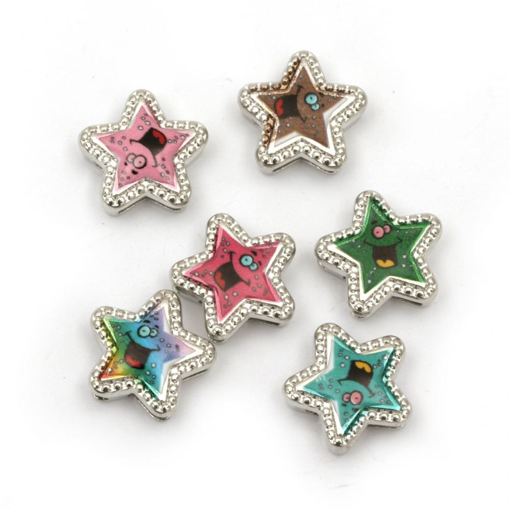 Bead metal star color 13x13x5 mm holes 3 and 9 mm color silver -6 pieces