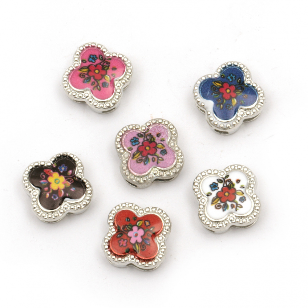 Metal bead flower 11.5x11.5x5 mm holes 3 and 9 mm color silver -6 pieces