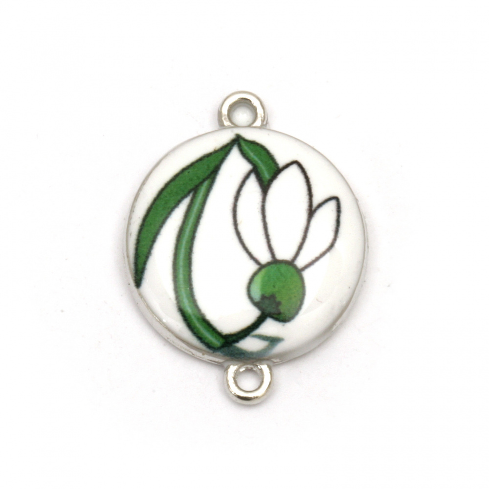 Circle connecting metal element with snowdrop white and green 24x18x3.5 mm hole 2 mm color silver - 5 pieces
