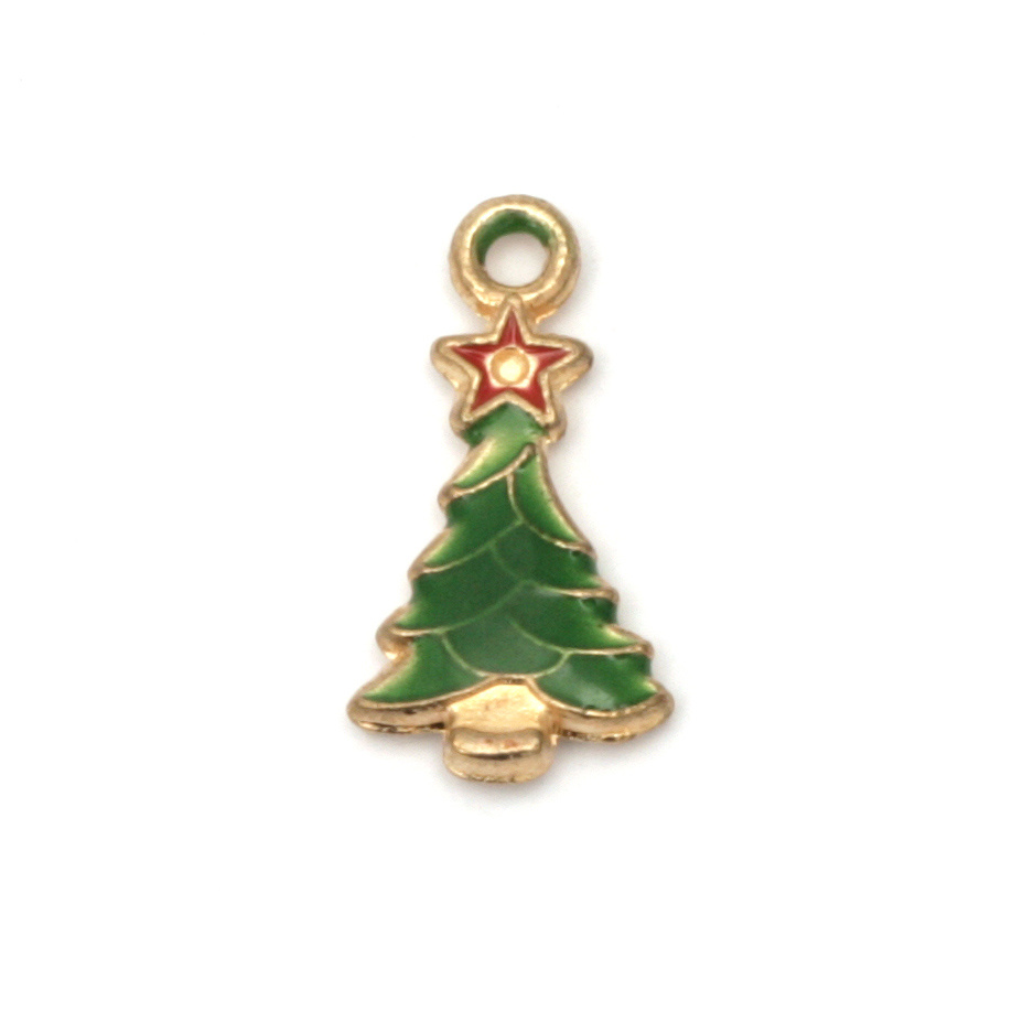 Christmas Metal Pendant, Christmas Tree Charm, Craft and Jewelry Accessories, Gold Color, 21x11x2.5 mm, Hole: 2 mm, 2 pieces
