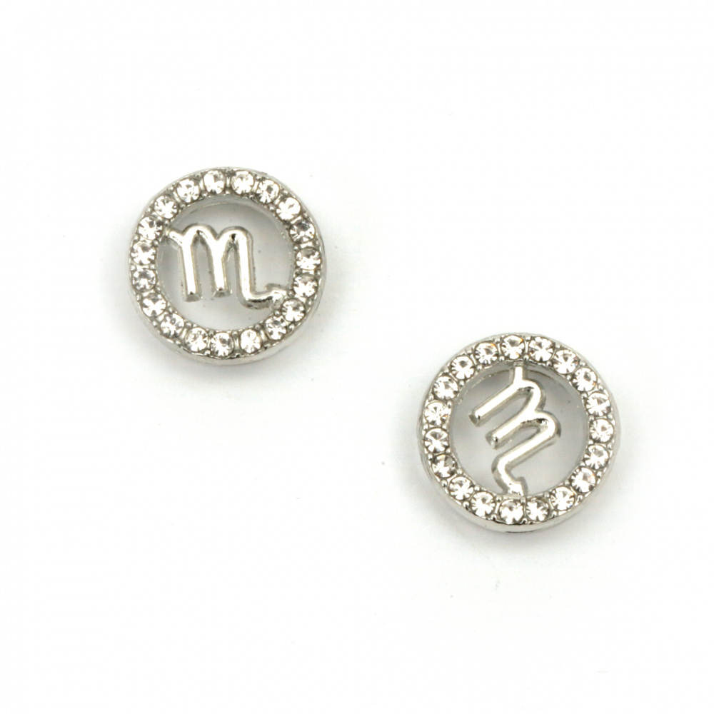 Metal Round Bead with Crystals /   Scorpio Sign, 12.5x12.5x5 mm, Holes: 2.5 and 8 mm, Silver - 2 pieces