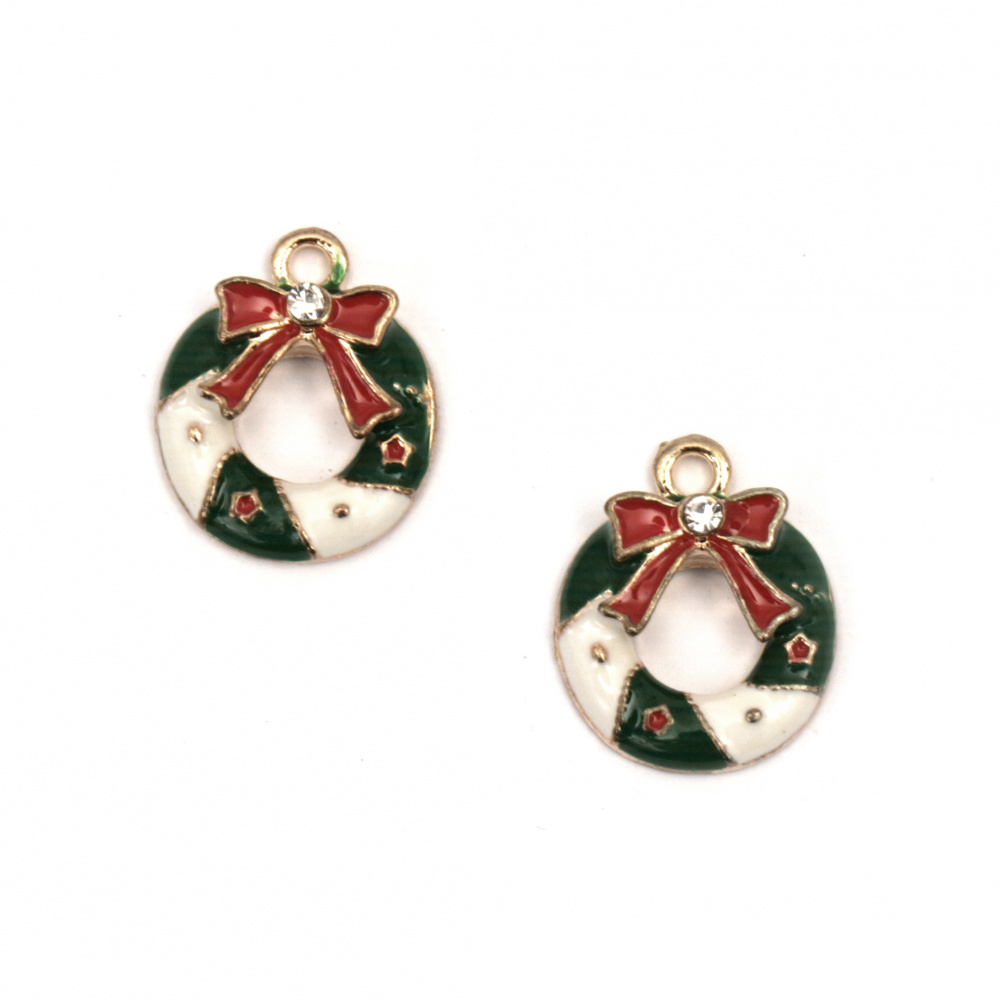 Christmas Wreath / Metal Enamel Charm with Crystal, 19x16x5 mm, Hole: 2 mm, Gold - 2 pieces