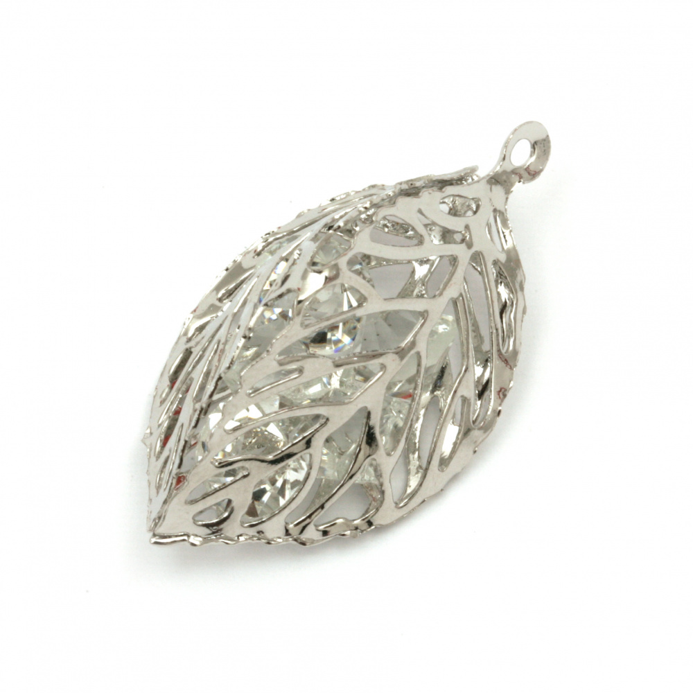 Metal Leaf Pendant with Crystals, 36x20 mm, Hole: 2 mm, Silver