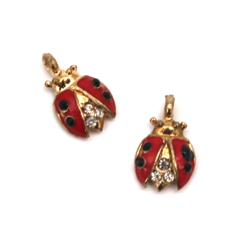 Metal Ladybug Charm with Crystals / 15x9x4 mm, Hole: 1 mm / Gold Tone - 5 pieces