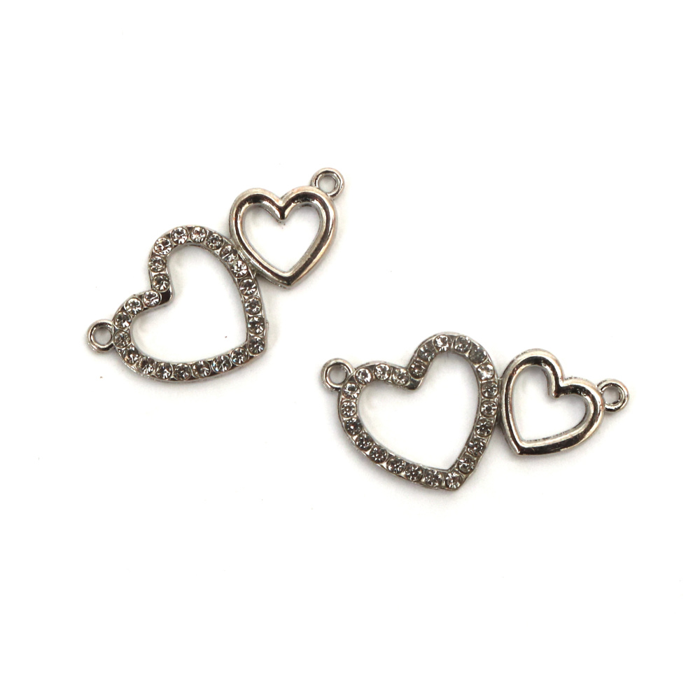 Metal Link Element, Hearts with Rhinestones / 28x14 mm, Hole: 1.5 mm / Silver - 2 pieces