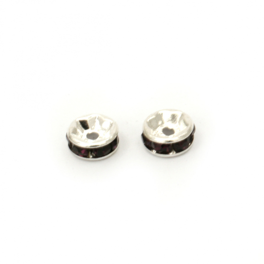 Round metal spacer, washer shape beads with dark purple crystals 6x3 mm hole 1 mm color white - 10 pieces