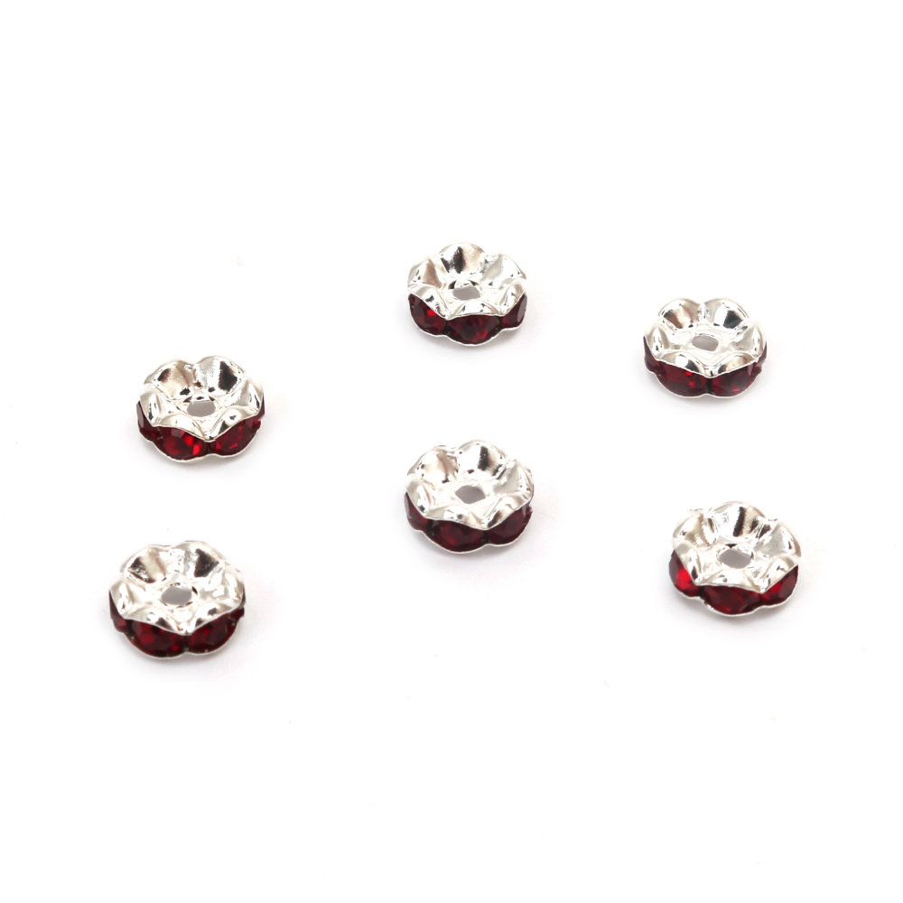 Metal Spacer Beads QUALITY "A"   / 8x3.5 mm, Hole: 1.5 mm / Silver with Red Crystals - 10 pieces