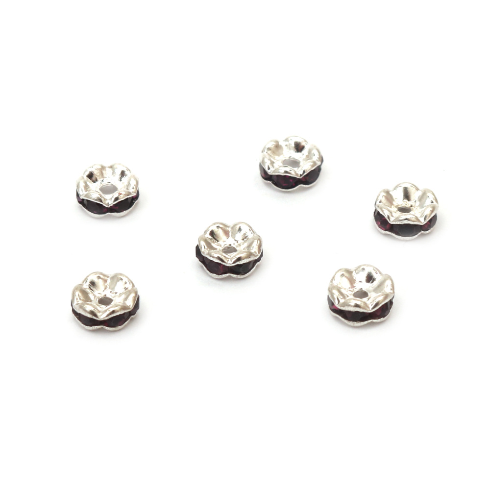 Metal Rondelle Spacer Beads QUALITY "A"  / 6x3 mm, Hole: 1.5 mm / Silver with Dark Purple Crystals - 10 pieces
