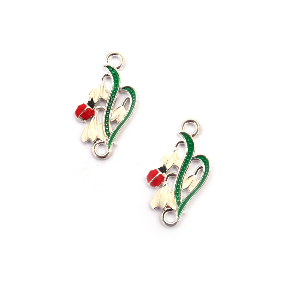 Metal Connecting Element, Snowflakes with Ladybug / 23x13x3 mm, Hole: 2 mm / Silver Color - 2 pieces