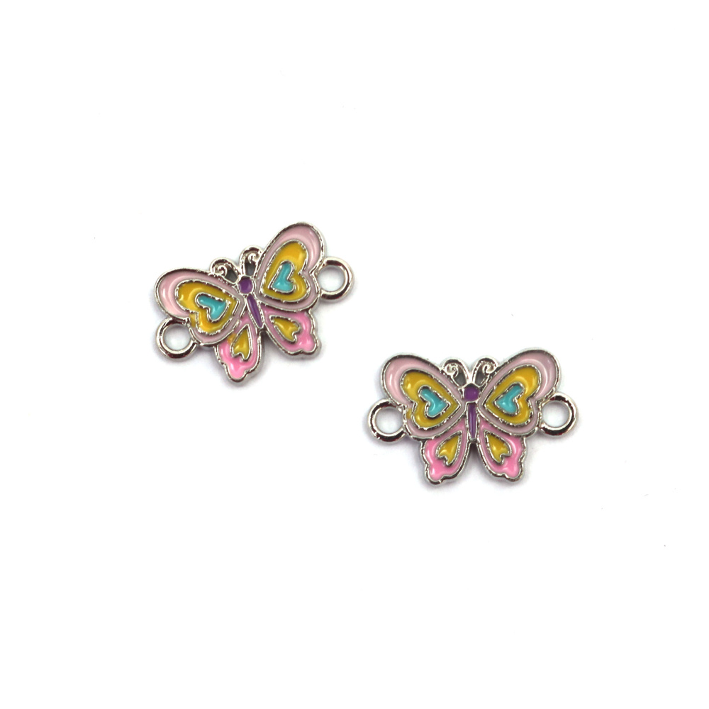 Metal Connecting Element, Colored Butterfly / 18x11.5x1.5 mm, Hole: 1.5 mm / Silver Color - 2 pieces