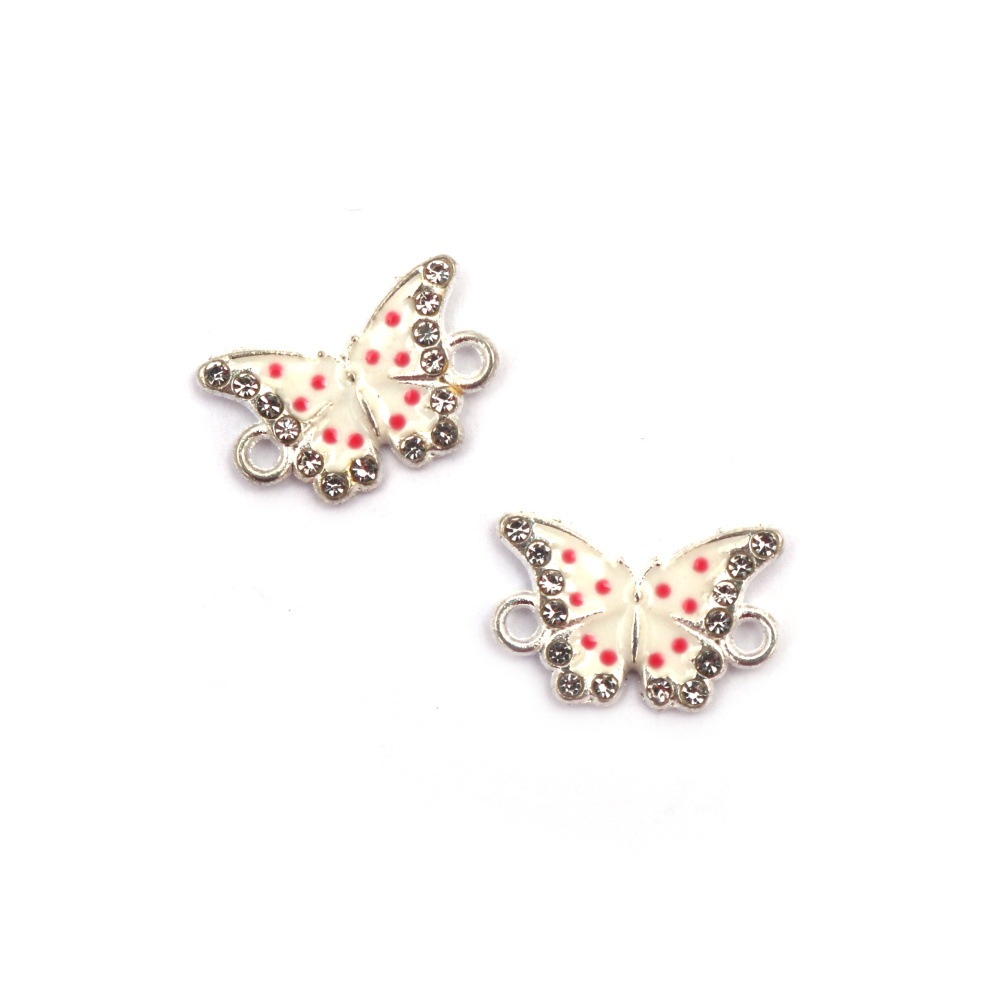 Metal Connecting Element with Crystals, White Butterfly on Dots /  18x12x3 mm, Hole: 1.5 mm / Silver Color - 2 pieces