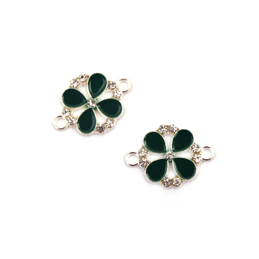 Metal Connecting Element with Crystals, Green Clover / 23x16x2 mm, Hole: 1.5 mm / Silver Color - 2 pieces