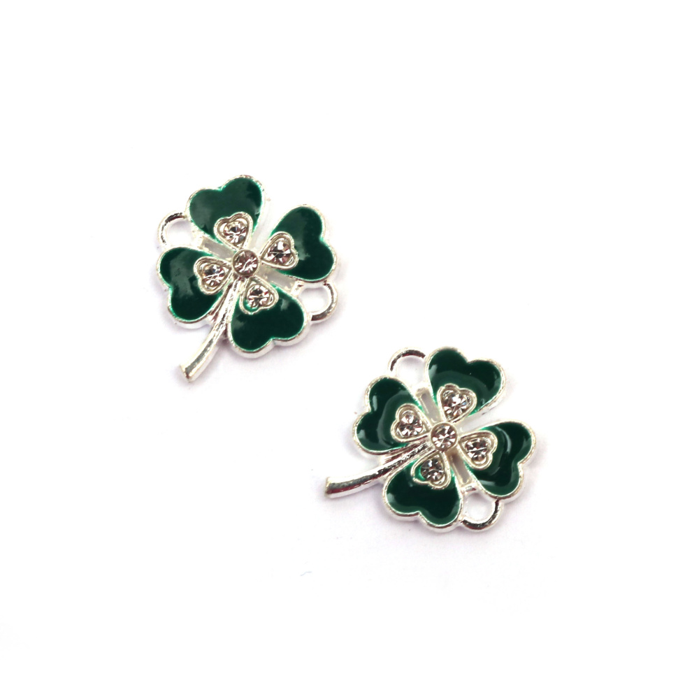 Metal Connecting Element with Crystals, Green Clover / 17x15x3 mm, Hole: 1.5 mm / Silver Color - 2 pieces