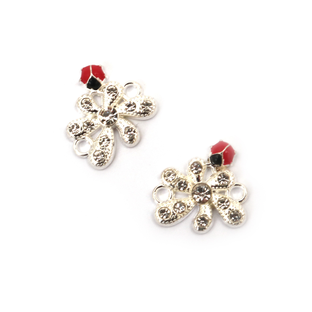 Metal Connector Charms, Double Hole Beads with Crystals Flower with Ladybug, 17x16x3 mm, Hole: 2 mm, Silver color -2 pieces for Earring, Necklace or Bracelet Making
