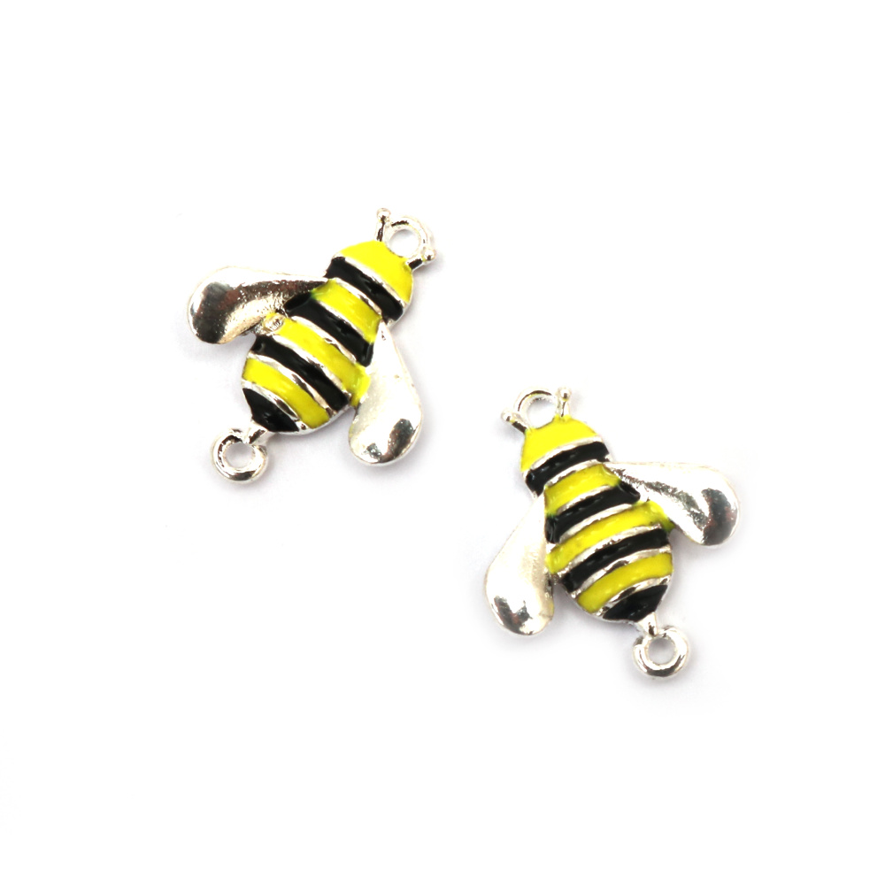 Metal Connector Charms, Double Hole Connecting Beads with Black and Yellow Bee, 22x18x4 mm, Hole: 2 mm, Silver color - 2 pieces for Earring, Necklace or Bracelet  Jewelry Making 