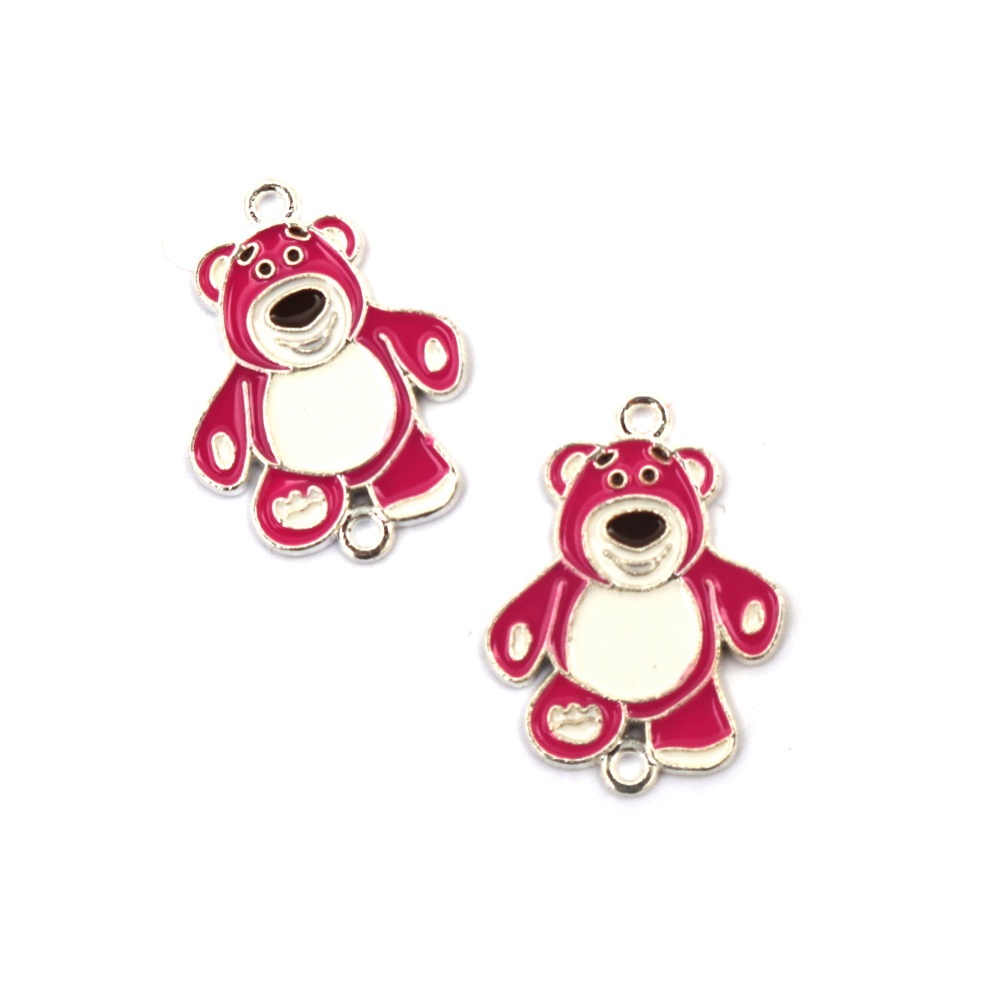 Colored Metal Connector with Pink Bear for Earring, Bracelet & Necklace Jewelry Making, 25x11.5x2 mm, Hole: 2 mm, Silver color - 2 pieces