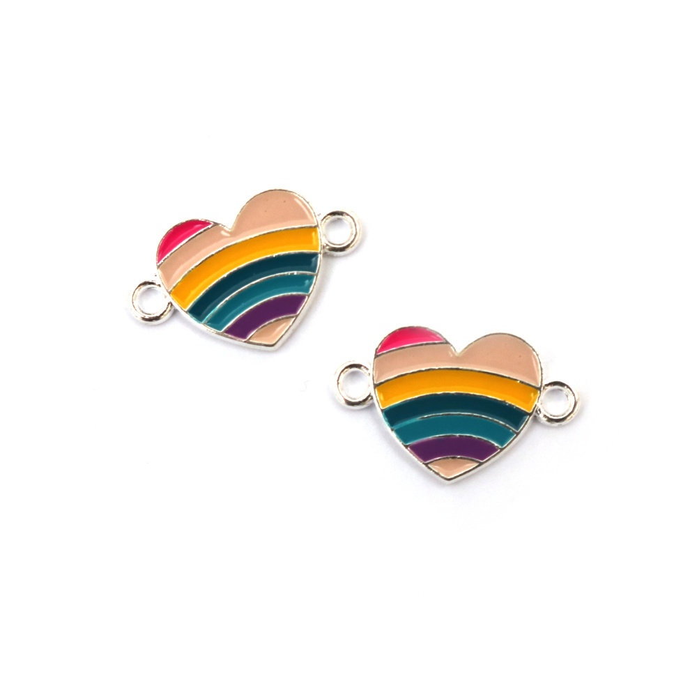 Colored Metal Rainbow Heart Shaped Connector, for Bracelet, Earring & Necklace Jewelry Making, 20x13x2 mm, Hole: 2 mm, Silver color - 2 pieces