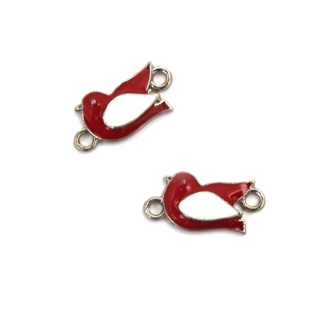Colored Metal Bird Link Element /  20x10x3 mm, Hole: 2 mm / Silver with Red - 5 pieces