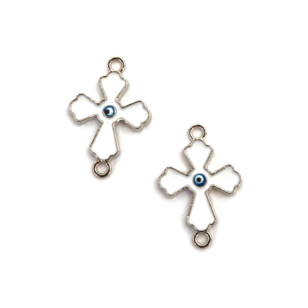 Metal Link Element, Cross with Eye / 21x18x3 mm, Hole: 1.5 mm /  Silver with White - 2 pieces