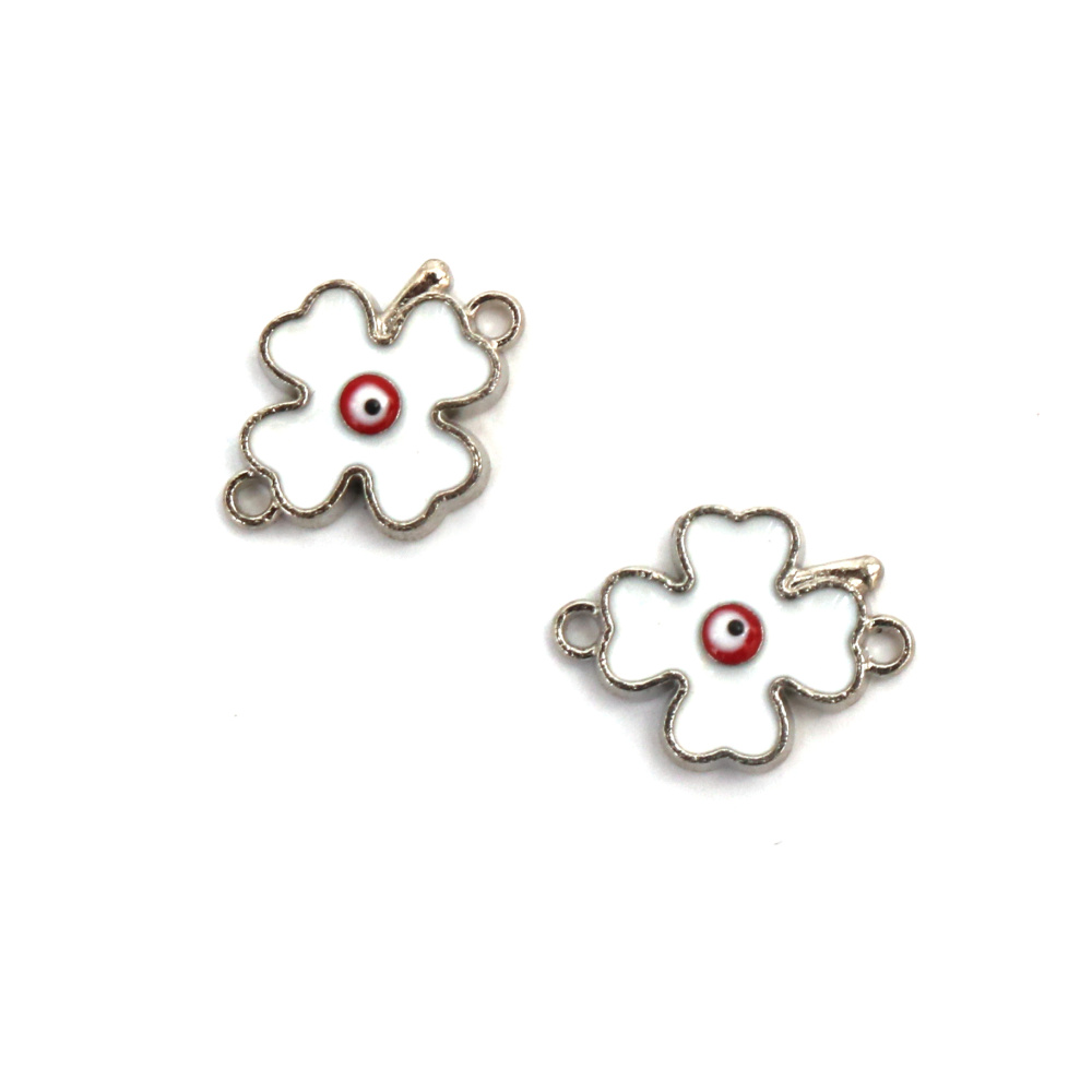 Metal Connecting Element, Clover with Eye / 18x13x3 mm, Hole: 1.5 mm / Silver with White - 2 pieces