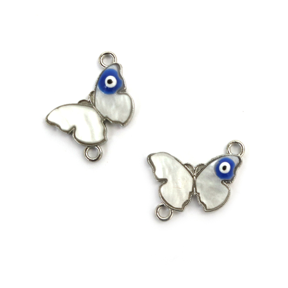 Metal Butterfly Connector with Eye, Imitation Mother-of-Pearl /  19x14x3 mm, Hole: 1 mm / Silver  - 2 pieces