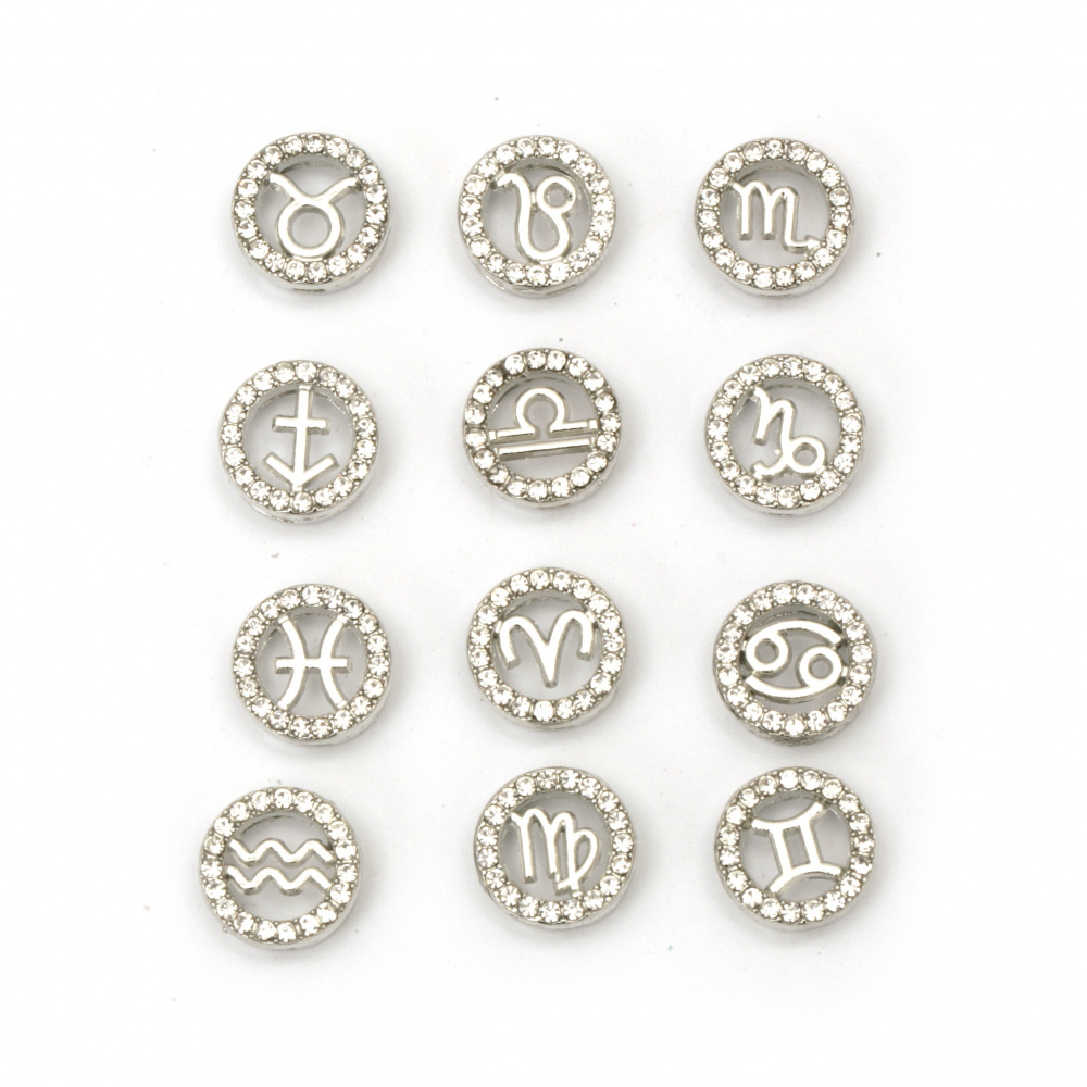 Metal bead with crystals ZODIACS 12.5x12.5x5 mm holes 2.5 and 8 mm color silver -12 pieces