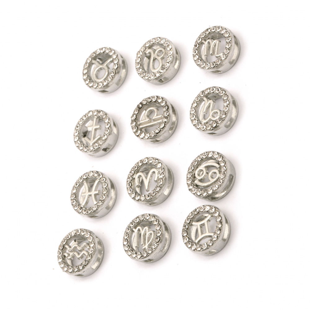 Metal bead with crystals ZODIACS 12.5x12.5x5 mm holes 2.5 and 8 mm color silver -12 pieces