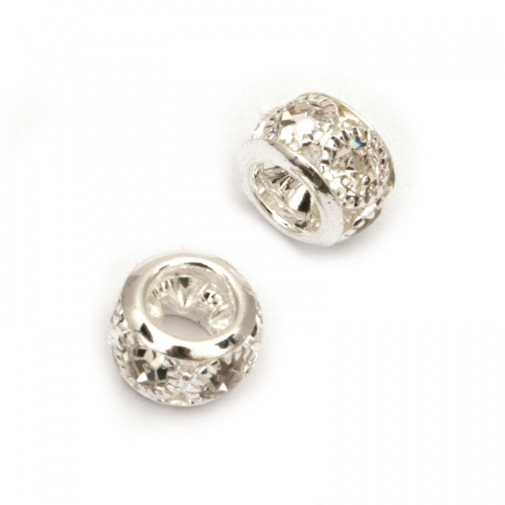 Metal charm bead, roung with clear crystals 8.5x8.5x6 mm hole 3.5 mm color silver - 5 pieces