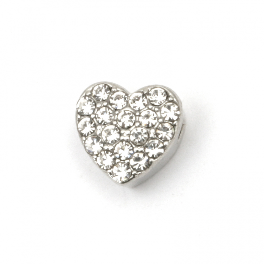 Мънисто метал с кристали сърце 8.5x8x5 мм дупка 1.5 мм цвят сребро -5 броя