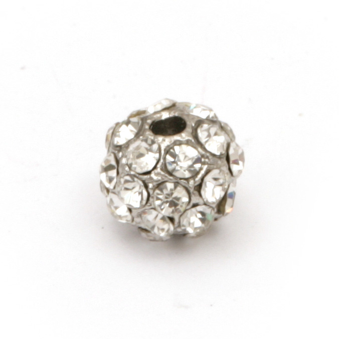 Ball shaped metal bead with crystals, zinc alloy 9x7 mm hole 2 mm color silver