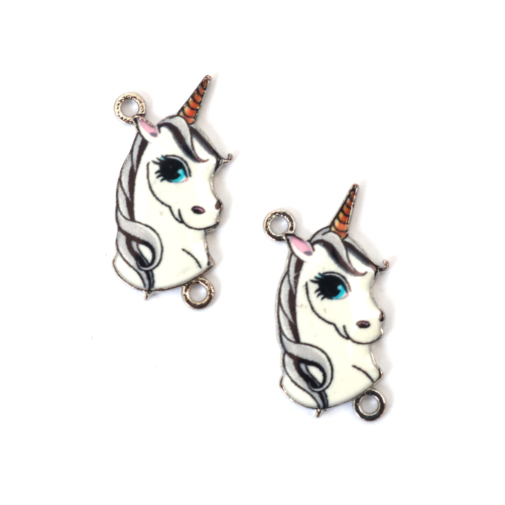 Spojnici s motivom čarobnog jednoroga – privjesci od bijelog metala, 26 x 13 x 2,5 mm, rupa 2 mm – 2 kom za DIY izradu nakita i rukotvorina