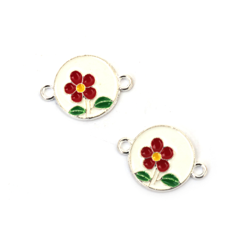 Свързващ елемент метал бял кръг с цвете 21x15x2 мм дупка 1.5 мм цвят сребро -2 броя