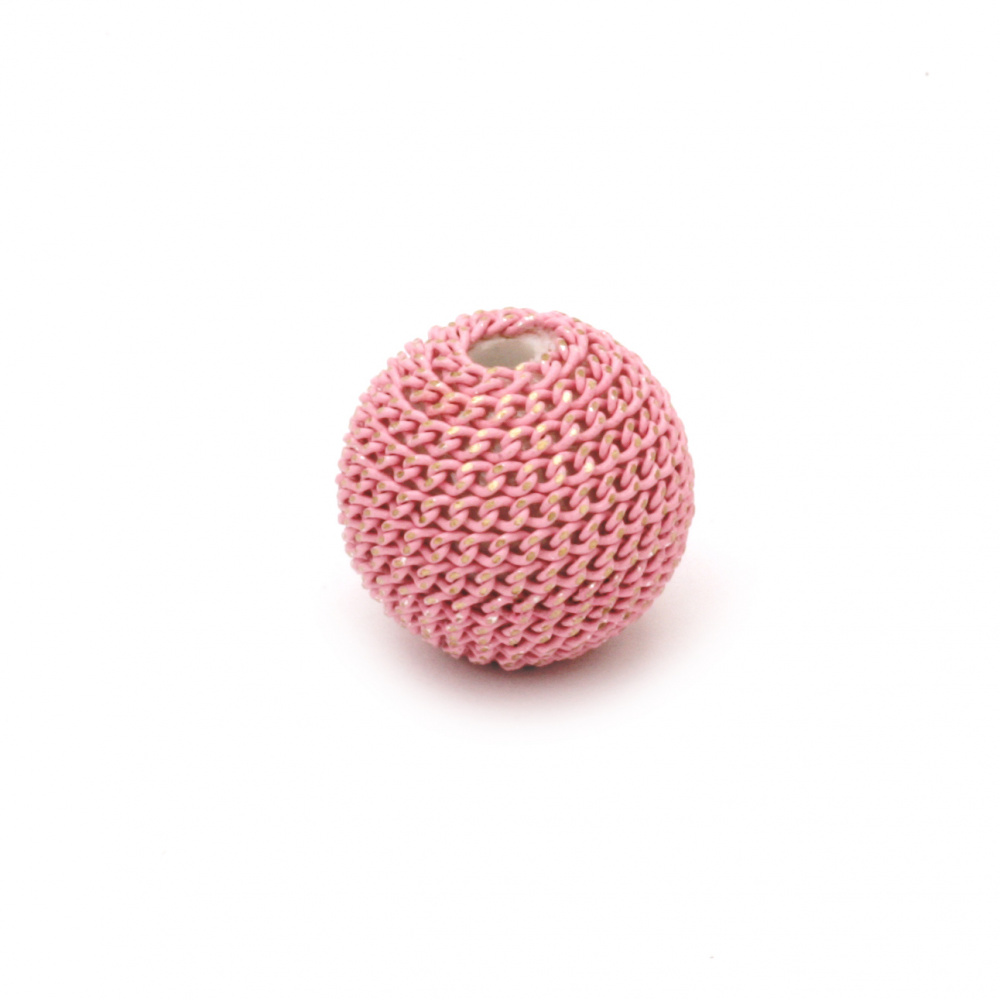 Metal bead  cladding ball 12 mm hole 2.5 mm color pink light with gold thread